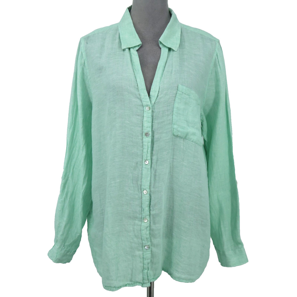 Sigrid Olsen Top Womens XL Green Linen Blouse Roll Tab Slv Pocket Beach Nautical
